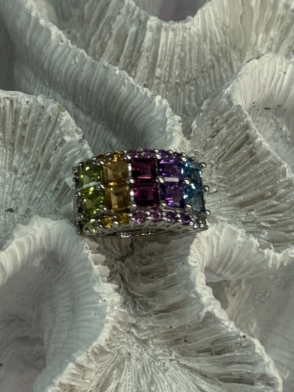 925 Sterling Silver Multicolor Stones Ring Size 7