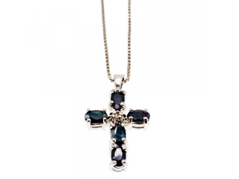 925 Sterling Silver Blue Spinel & Diamond Chain with Cross Italy