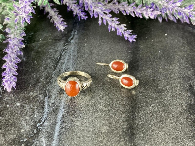 Vintage 925 Sterling Silver Dark Orange Jadeite Set