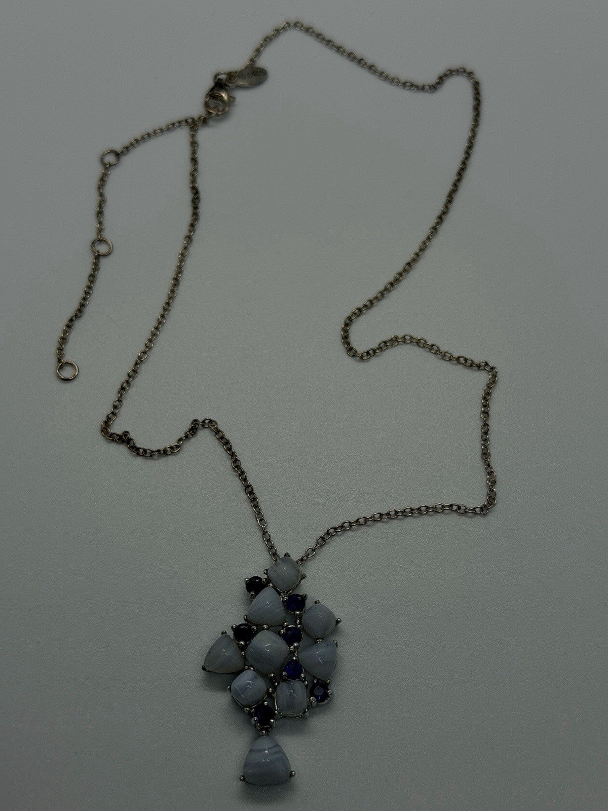 925 Sterling Silver Blue Lace Agate & Blue Sapphire Statement Pendant Necklace