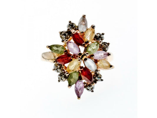 925 Sterling Silver Gold Plated Multi Gemstones "Flower" Ring Size 8