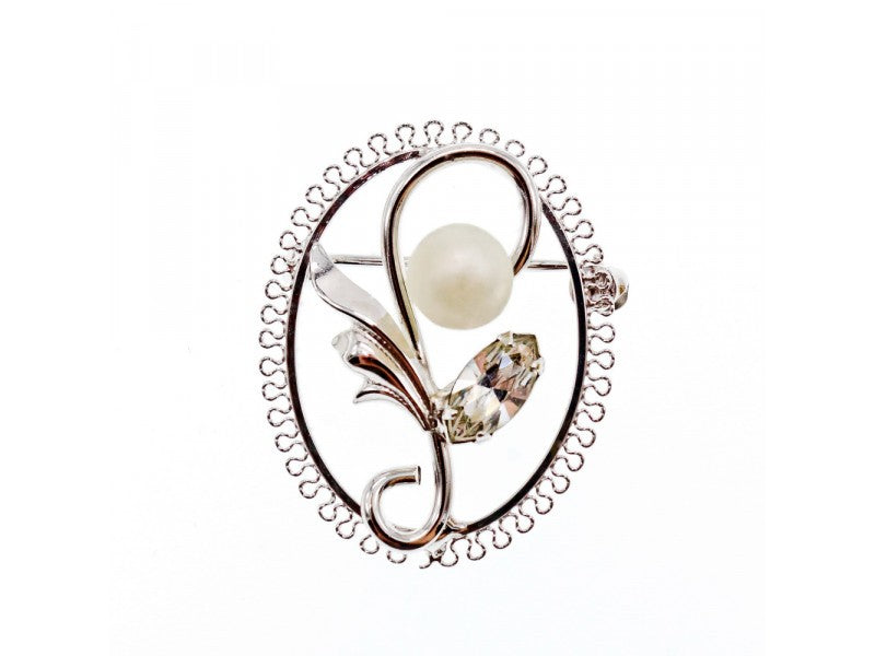 925 Sterling Silver Pearl and CZ "Flower" Brooch
