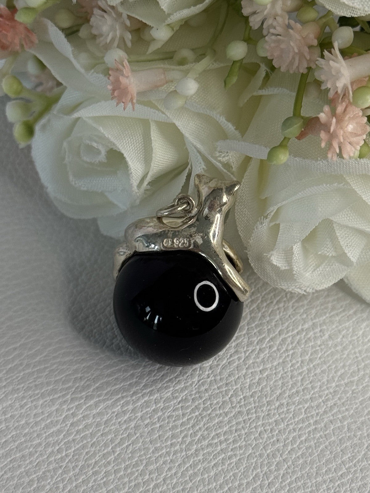 925 Sterling Silver Onyx Cat Pendant Length 1.20 Inch