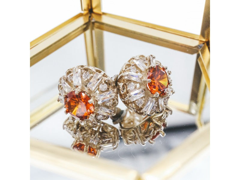 925 Sterling Silver Hessonite & CZ Stud Earrings
