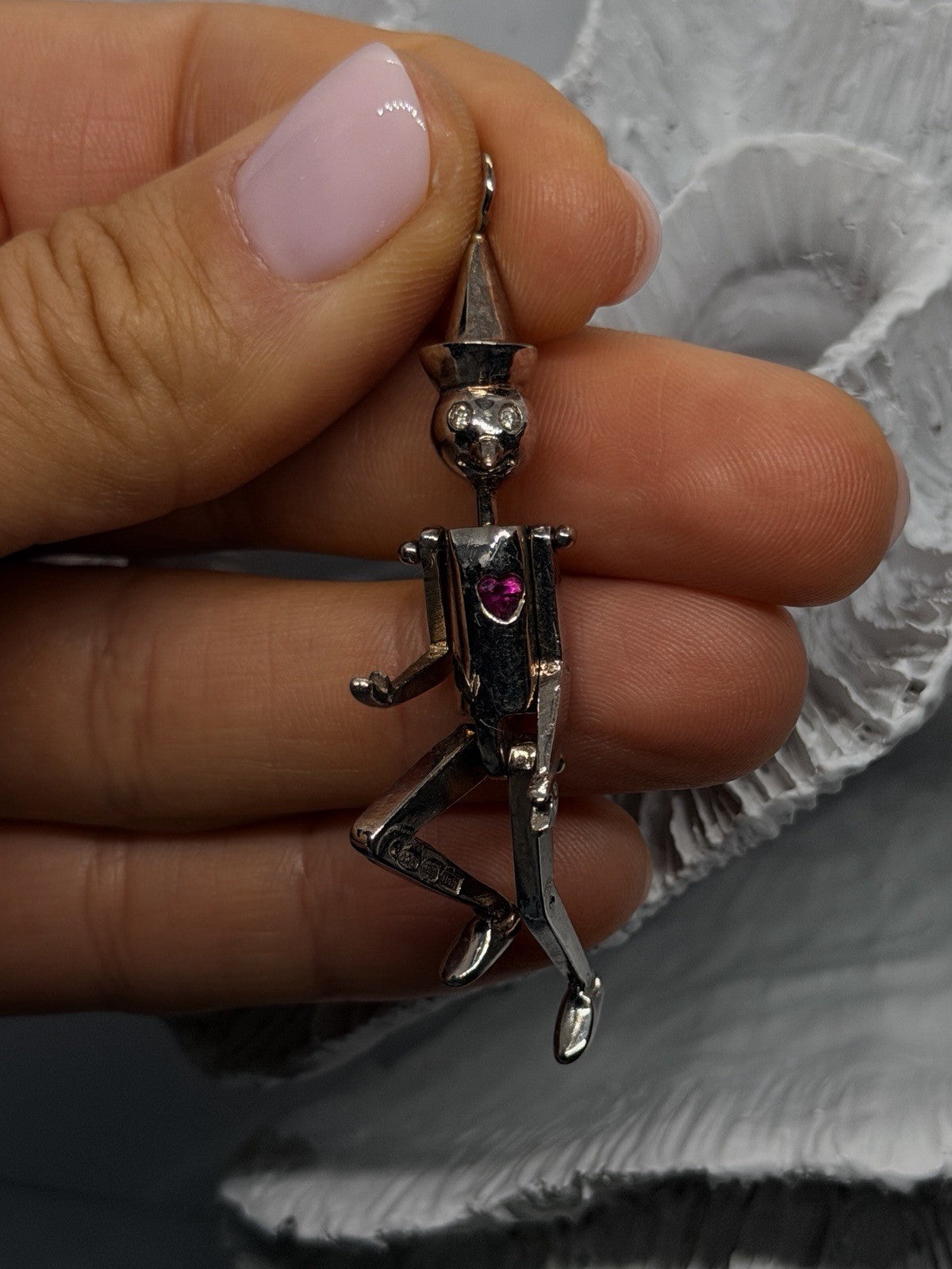 925 Sterling Silver Pinocchio Ruby Heart & Clear Topaz Eyes Pendant