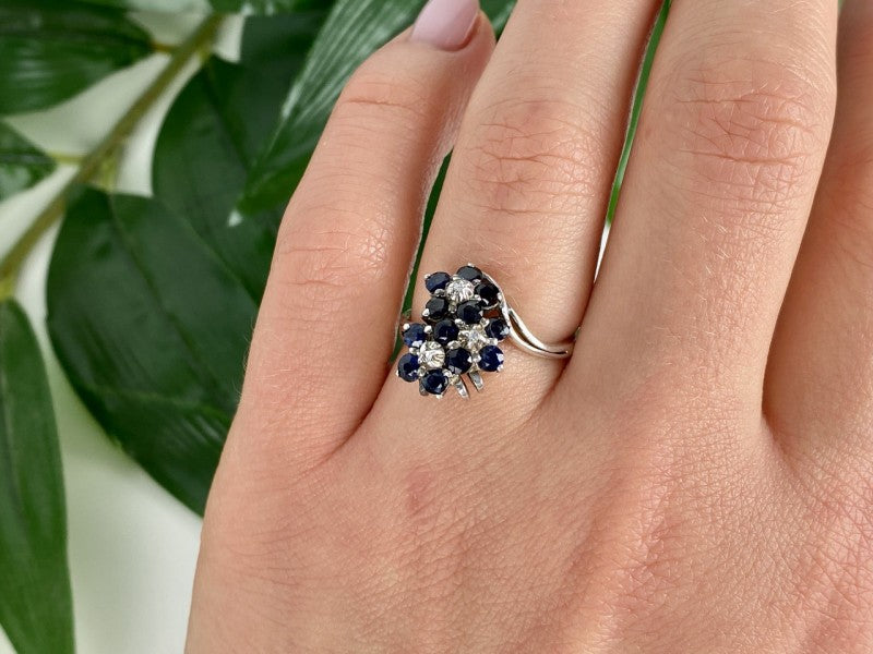 925 Sterling Silver Sapphire & CZ "Flowers" Ring Size 6.75