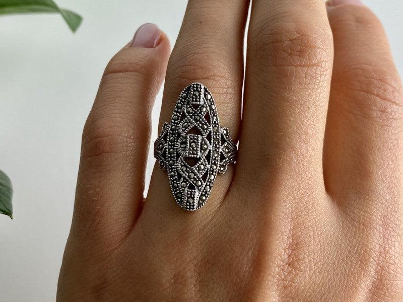925 Sterling Silver Marcasites Ring Size 6.5