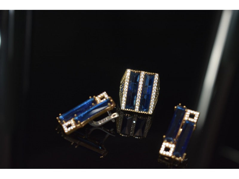 925 Sterling Silver Blue Alpanite SET (Ring & Earrings)