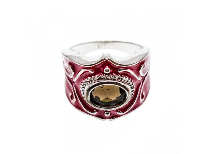 925 Sterling Silver Hessonite & Red Enamel Ring Size 9.5