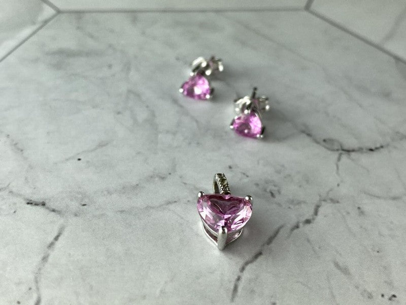 925 Sterling Silver Morganite and CZ "Hearts" Stud Earrings & Pendant Set
