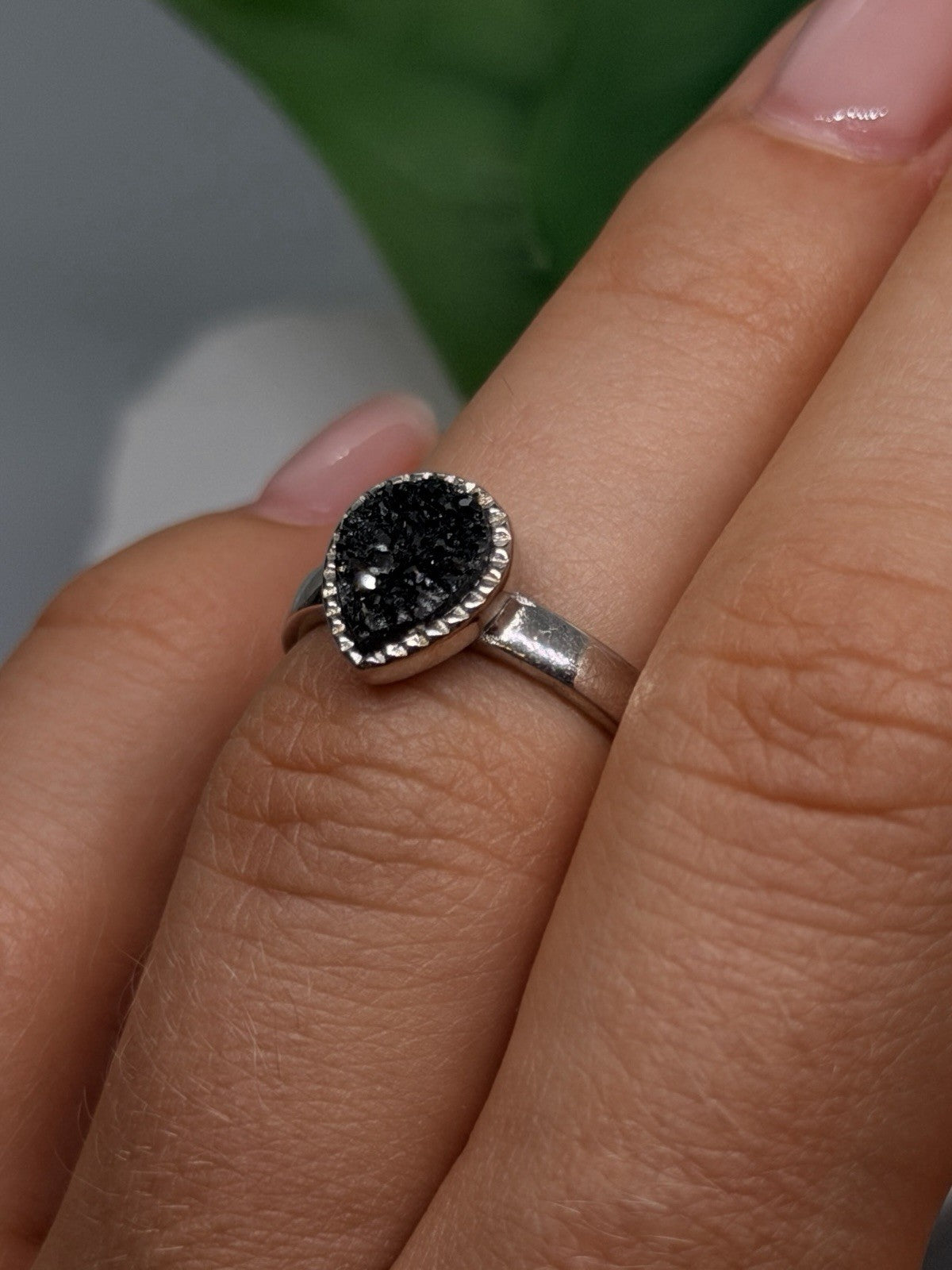 Adjustable 925 Sterling Silver Black Druzy Pear Ring