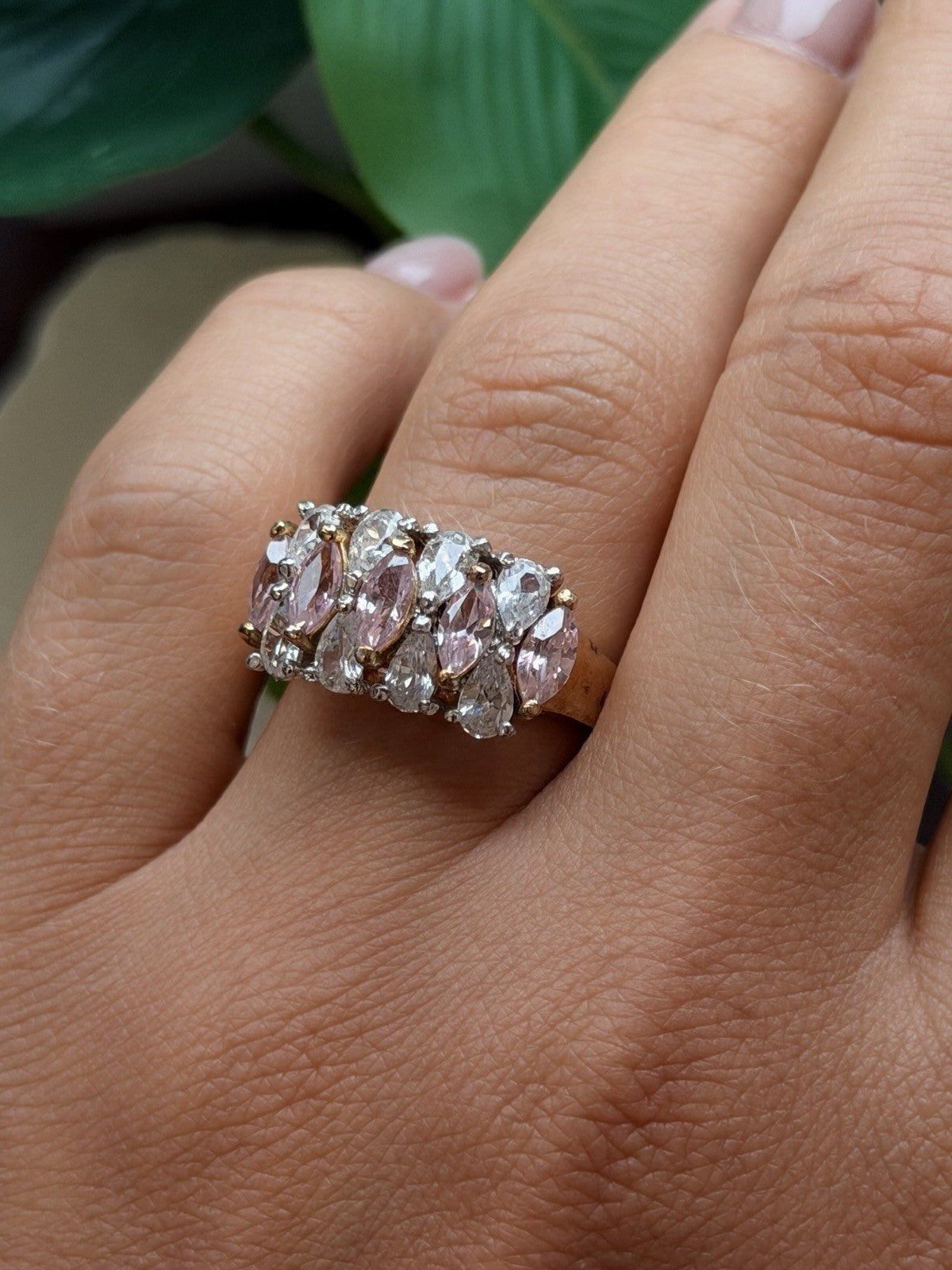 925 Sterling Silver Gold Plated Pink Morganite & White Clear Beryl Ring Size 8