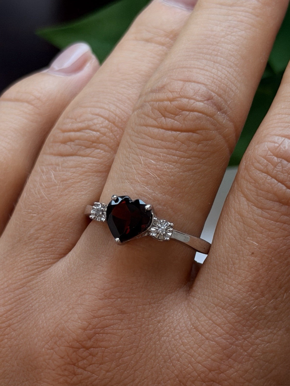 925 Sterling Silver Heart Cut Garnet with White Beryl Stones Ring Size 10