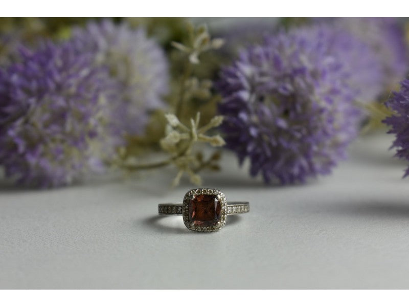 925 Sterling Silver Hessonite & CZ Ring Size 8