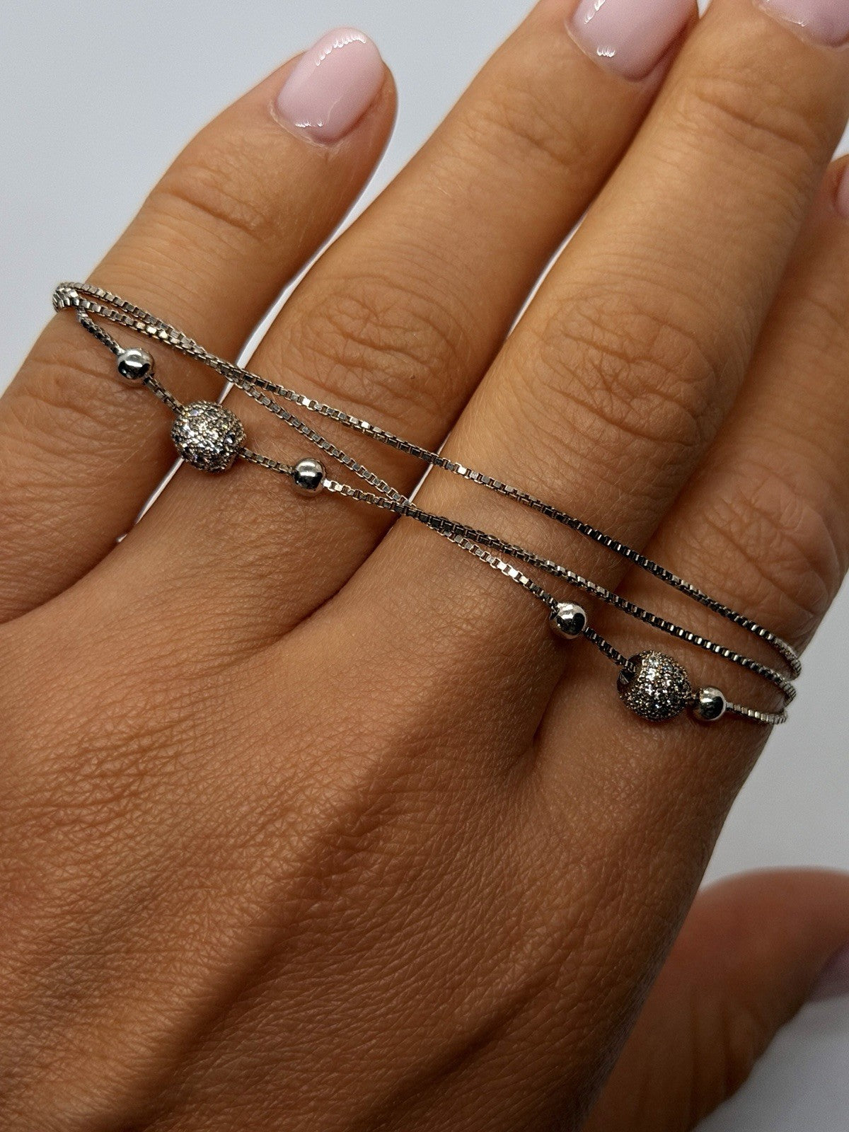 925 Sterling Silver Multi-Strand Box Chain Pave Cz Beads Bracelet Size 6.5/8
