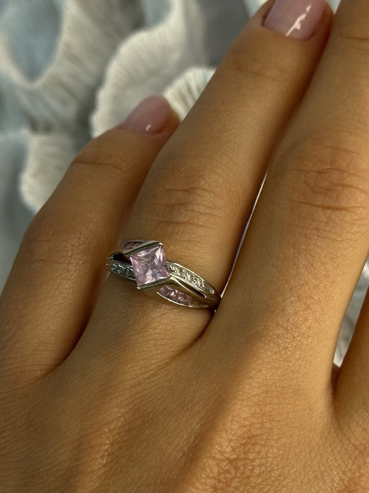 10K White Gold Pink Topaz & Diamond Ring Size 7
