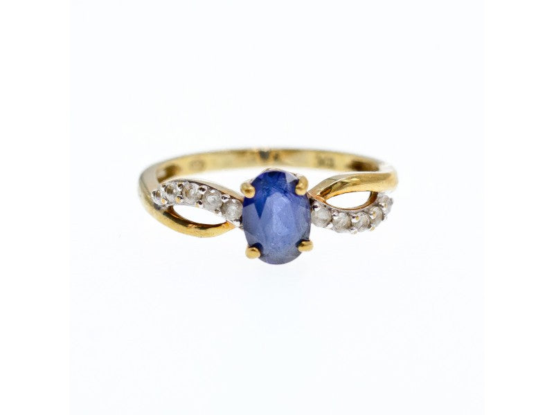 10K Yellow Gold Blue & White Sapphire Ring Size 6.75