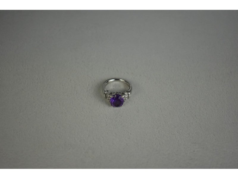 925 Sterling Silver Amethyst & Colorless Topaz Ring Size 6.5