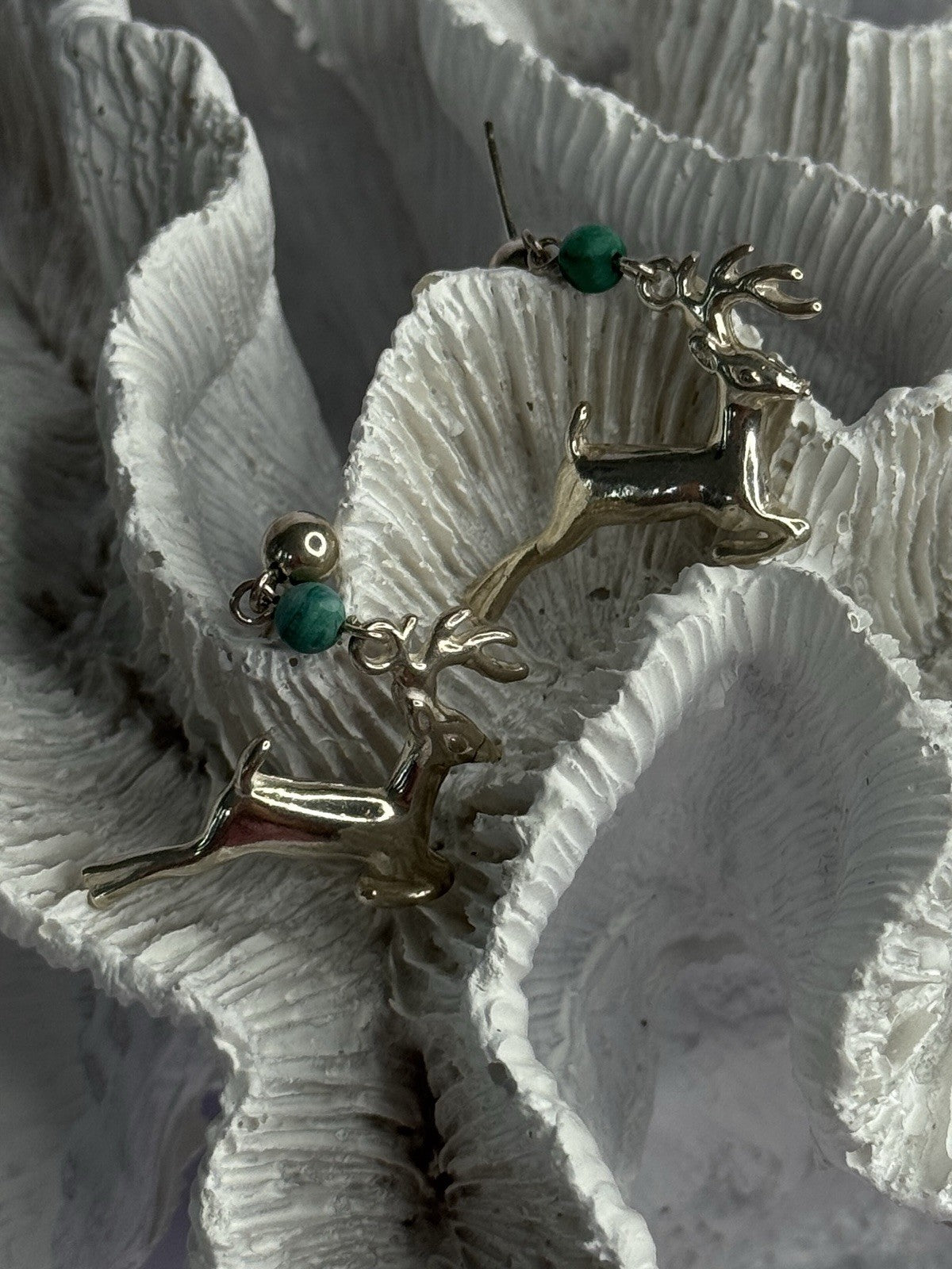 925 Sterling Silver Malachite Deer Earrings Length 1.40 Inch