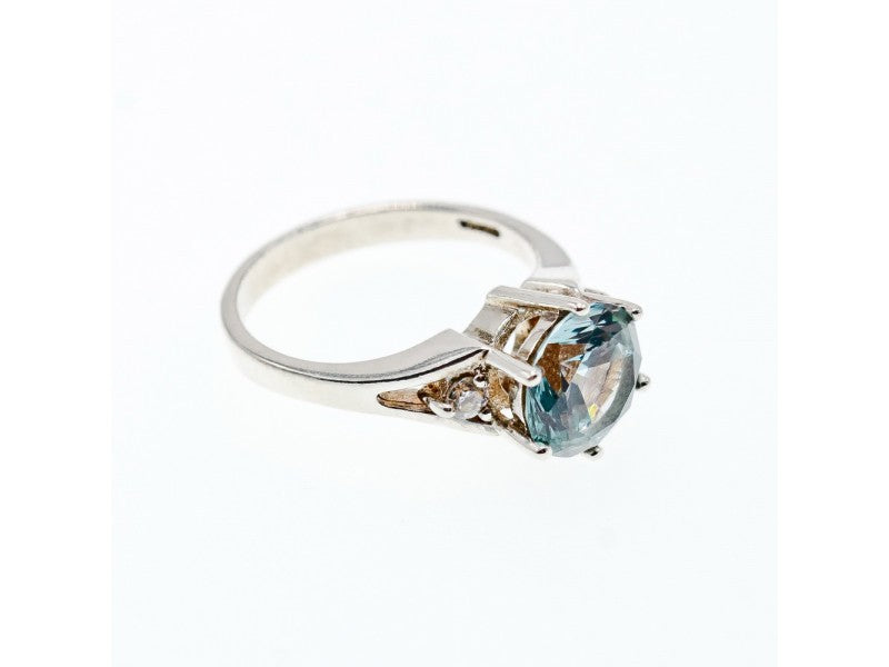925 Sterling Silver Aquamarine & CZ Ring Size 7