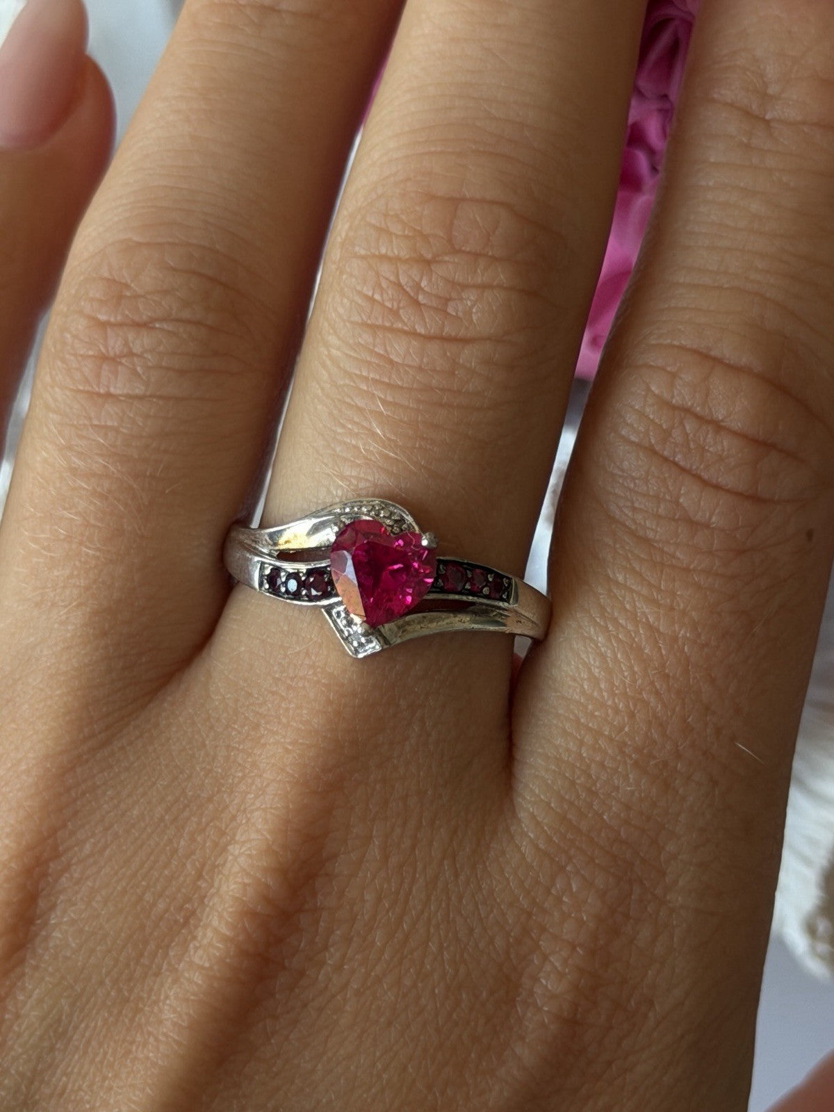 925 Sterling Silver Pink Sapphire Heart Ring Size 10