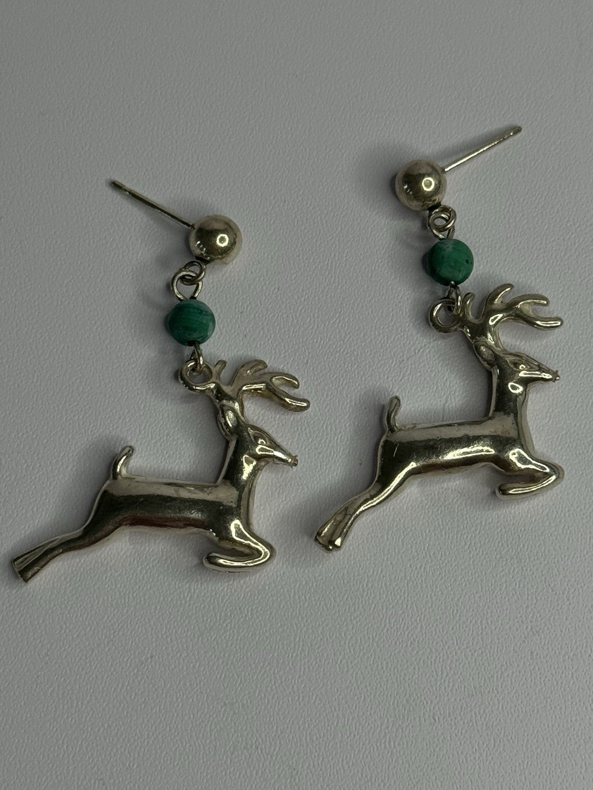 925 Sterling Silver Malachite Deer Earrings Length 1.40 Inch