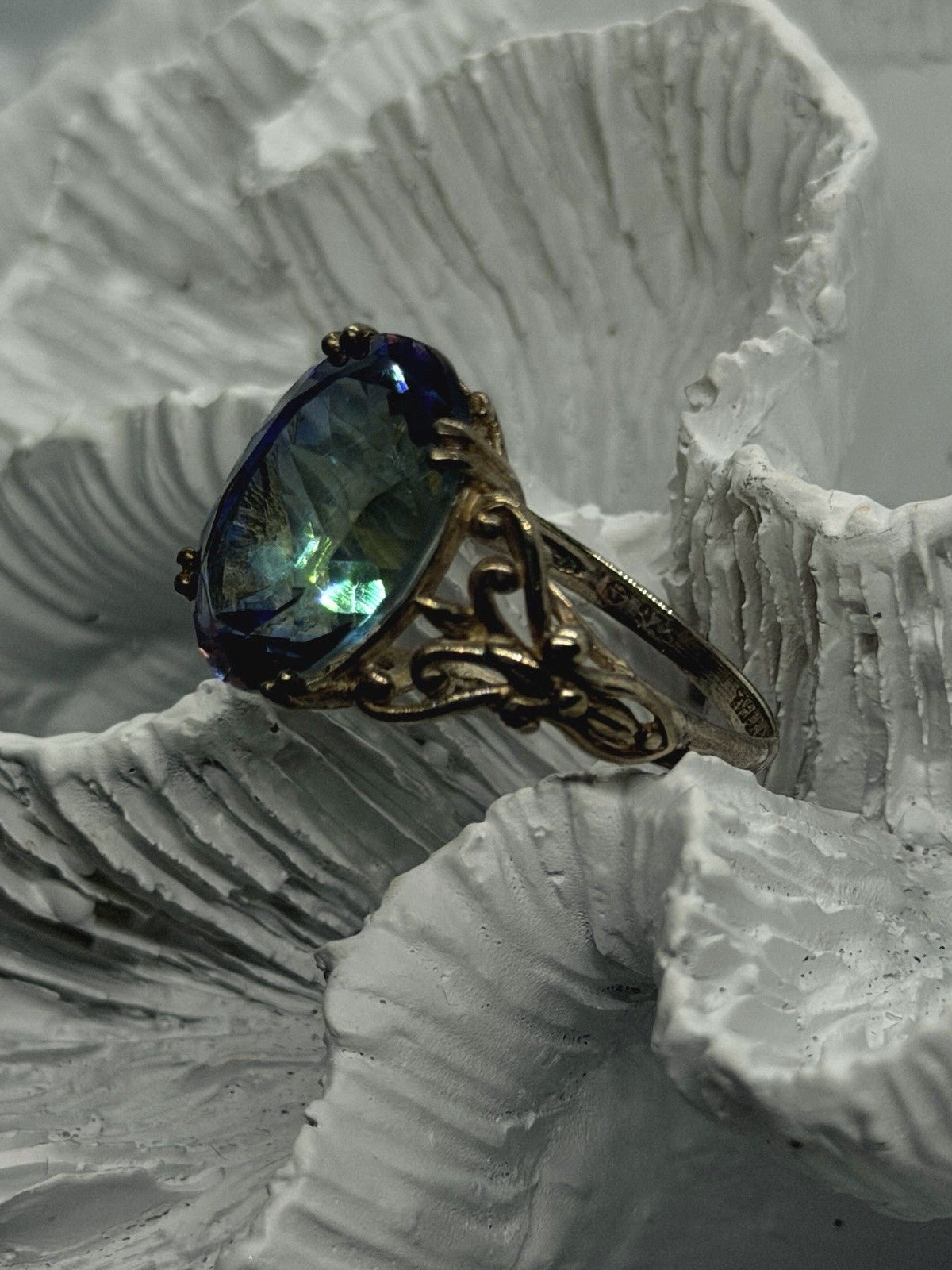 925 Sterling Silver Mystic Topaz Oval Floral Ring Size 8
