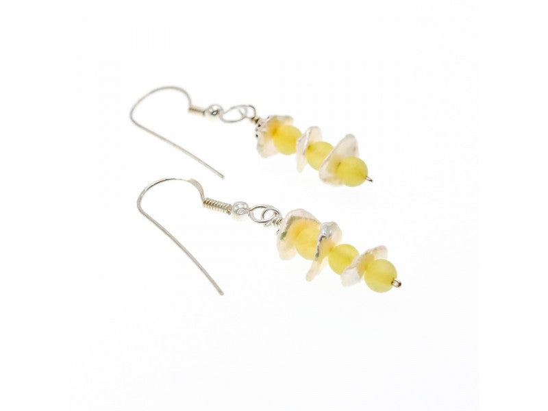 925 Sterling Silver Yellow Agate & Mother Of Pearl Earrings