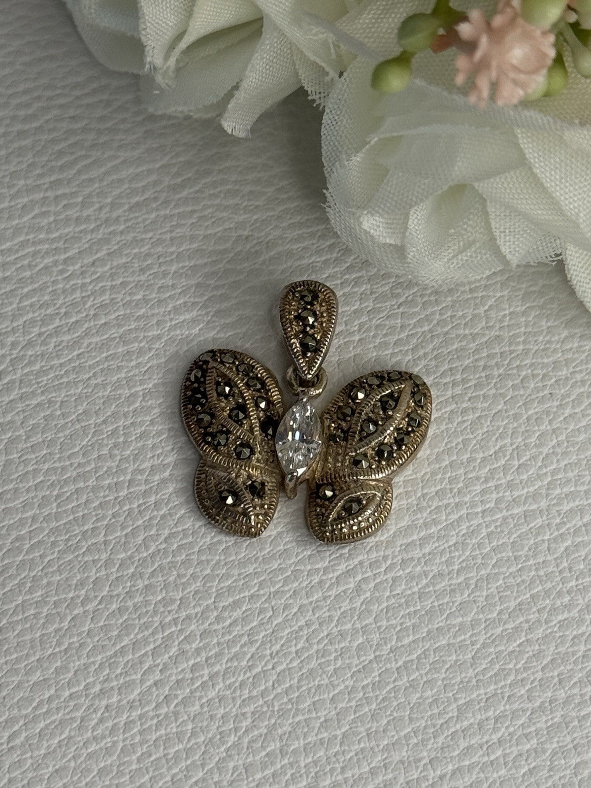925 Sterling Silver Butterfly Beryl & Marcasite Pendant Length 0.90 Inch