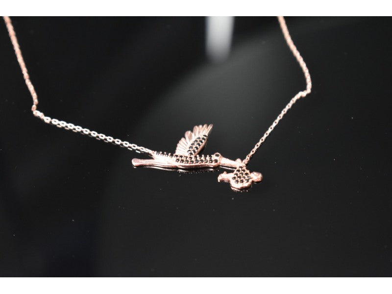 925 Sterling Silver Gold Plated Black Jade "Stork" Necklace Turkey