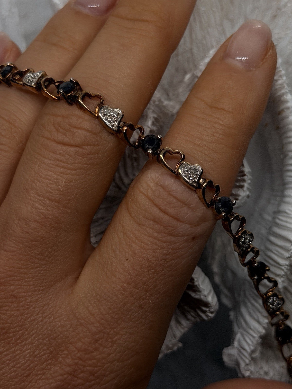 925 Sterling Silver Gold Plated Sapphire Heart Bracelet Size 7.5