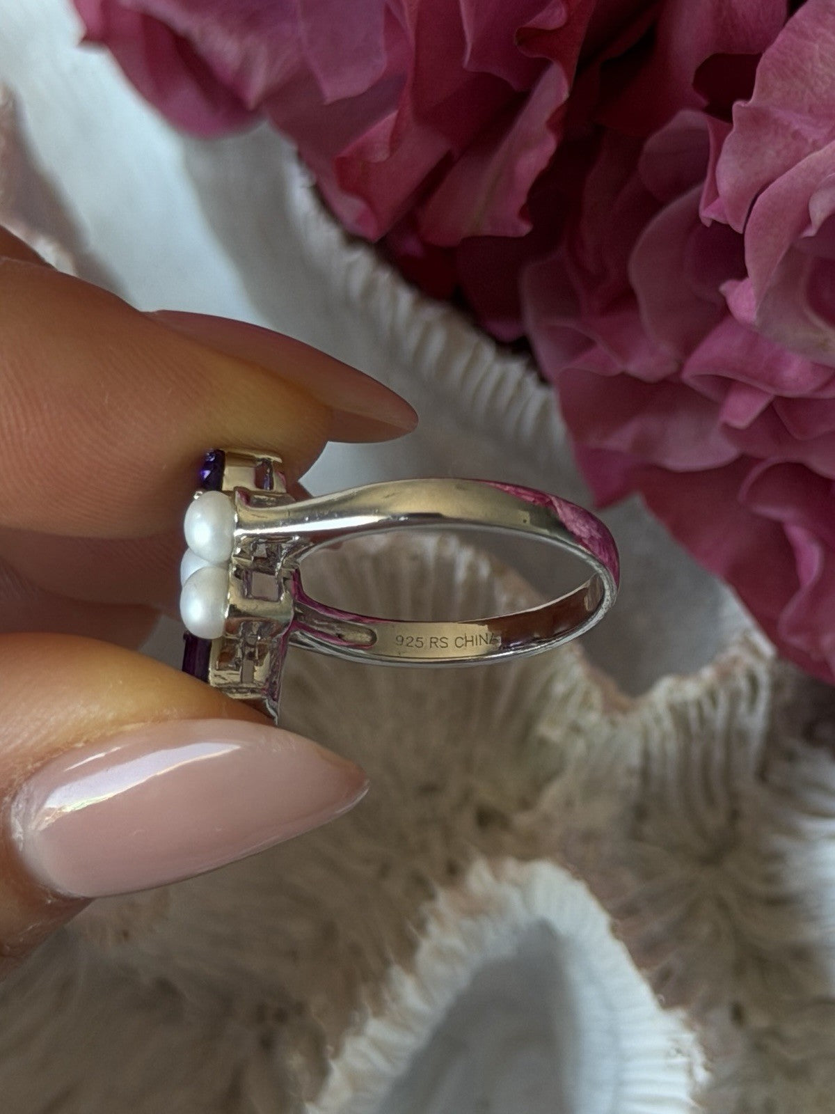 925 Sterling Silver Amethyst & Pearl Ring Size 8