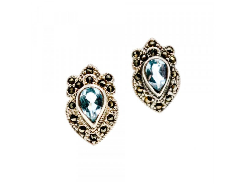 925 Sterling Silver Topaz & Marcasites Stud Earrings