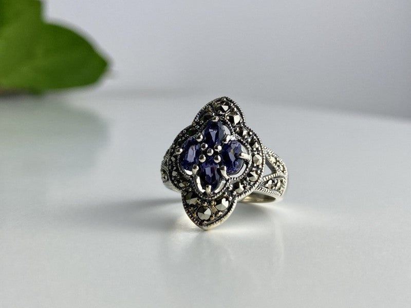 Vintage 925 Sterling Silver Amethyst & Marcasites Ring Size 5.5
