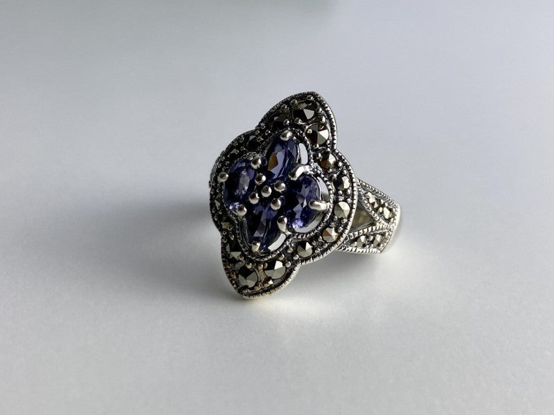 Vintage 925 Sterling Silver Amethyst & Marcasites Ring Size 5.5