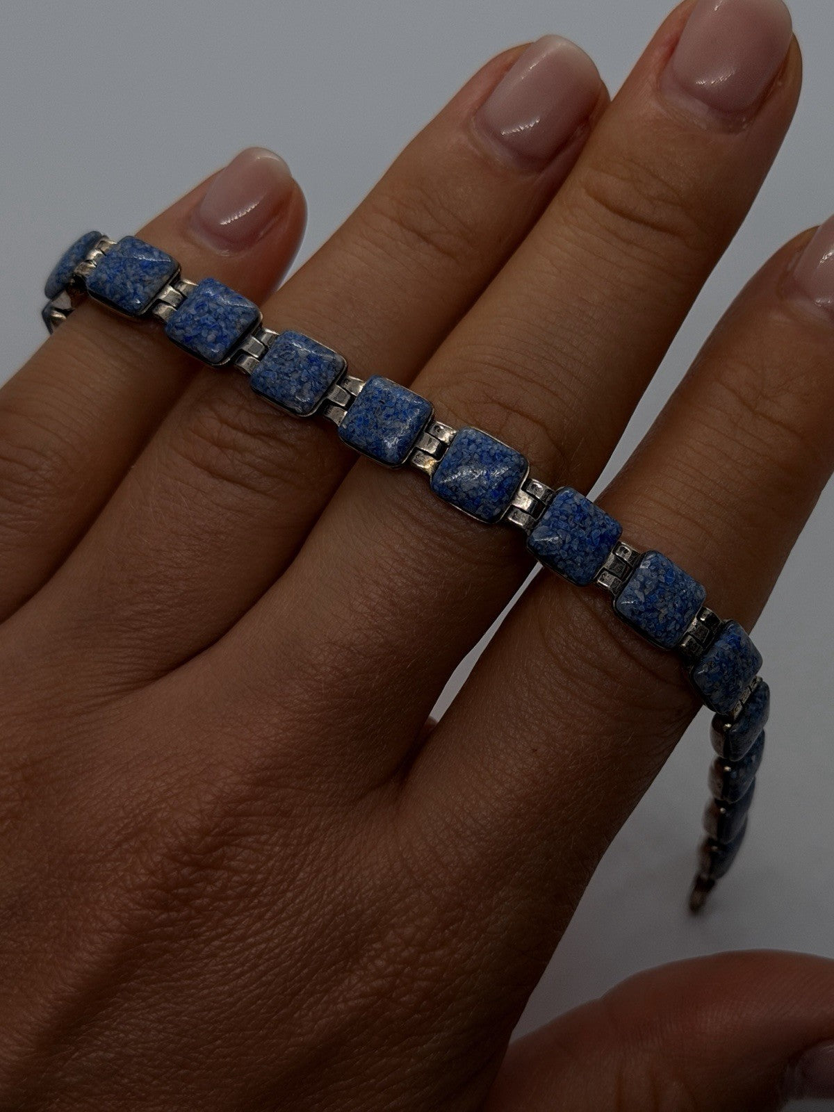 Geometric Southwestern 925 Sterling Silver Lapis Lazuli Square Link Bracelet 7.5