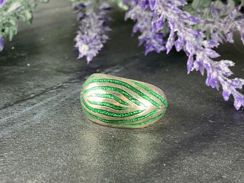 925 Sterling Silver Green Enamel Inserts Ring Size 5.5