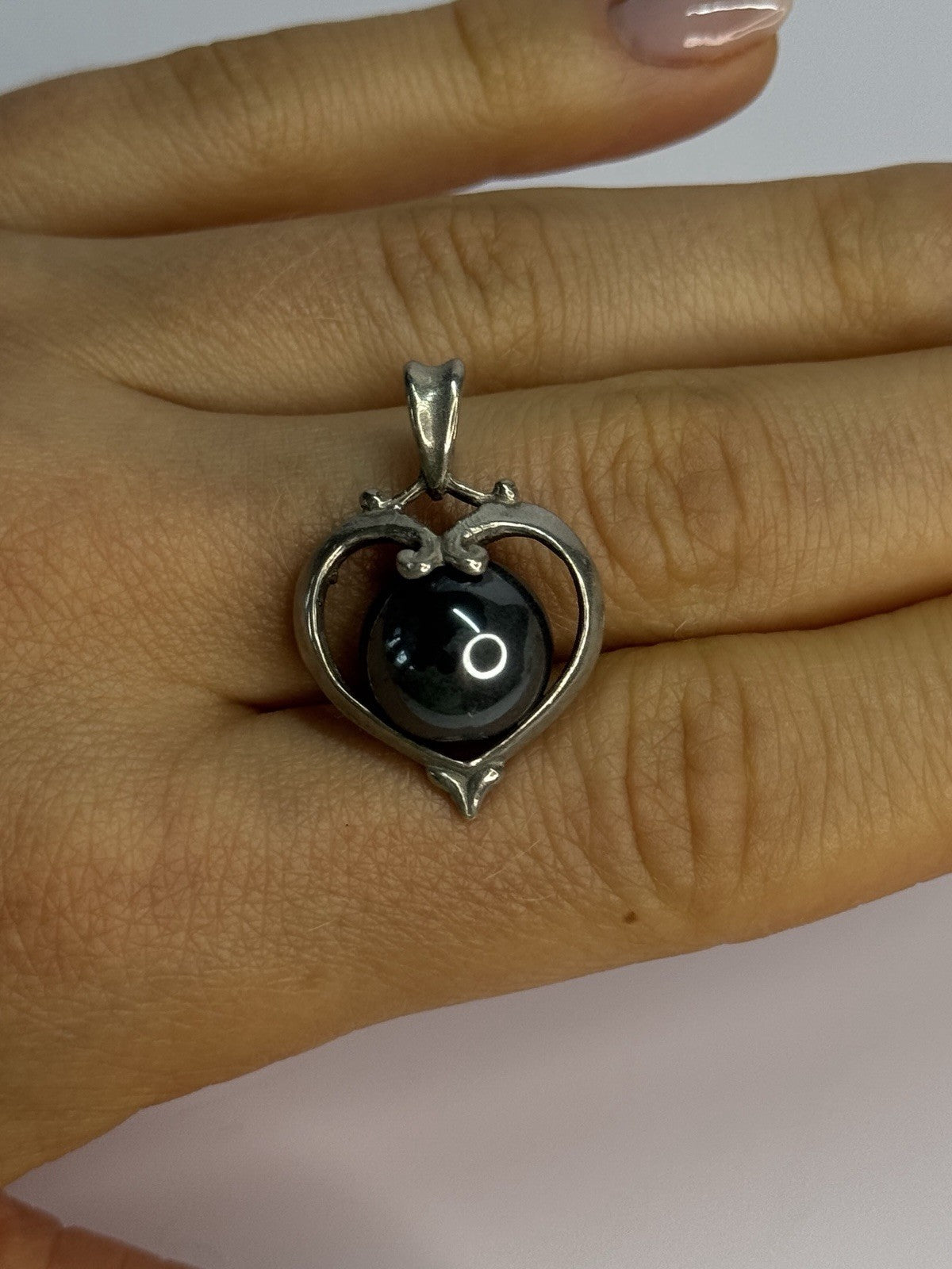925 Sterling Silver Hematite Heart Pendant Length 1.1 Inch