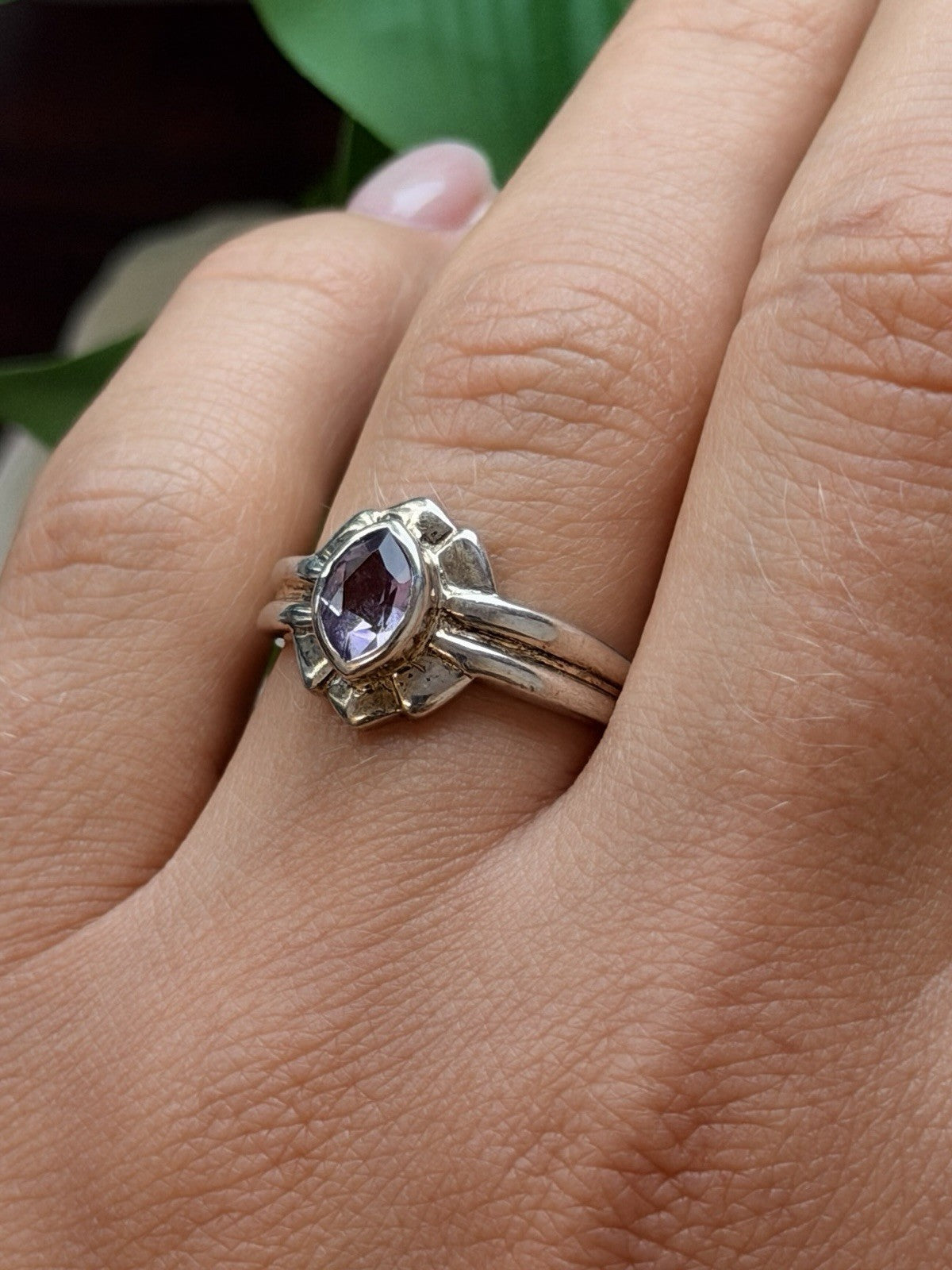 925 Sterling Silver Marquise Cut Art Deco Purple Amethyst Ring Size 8