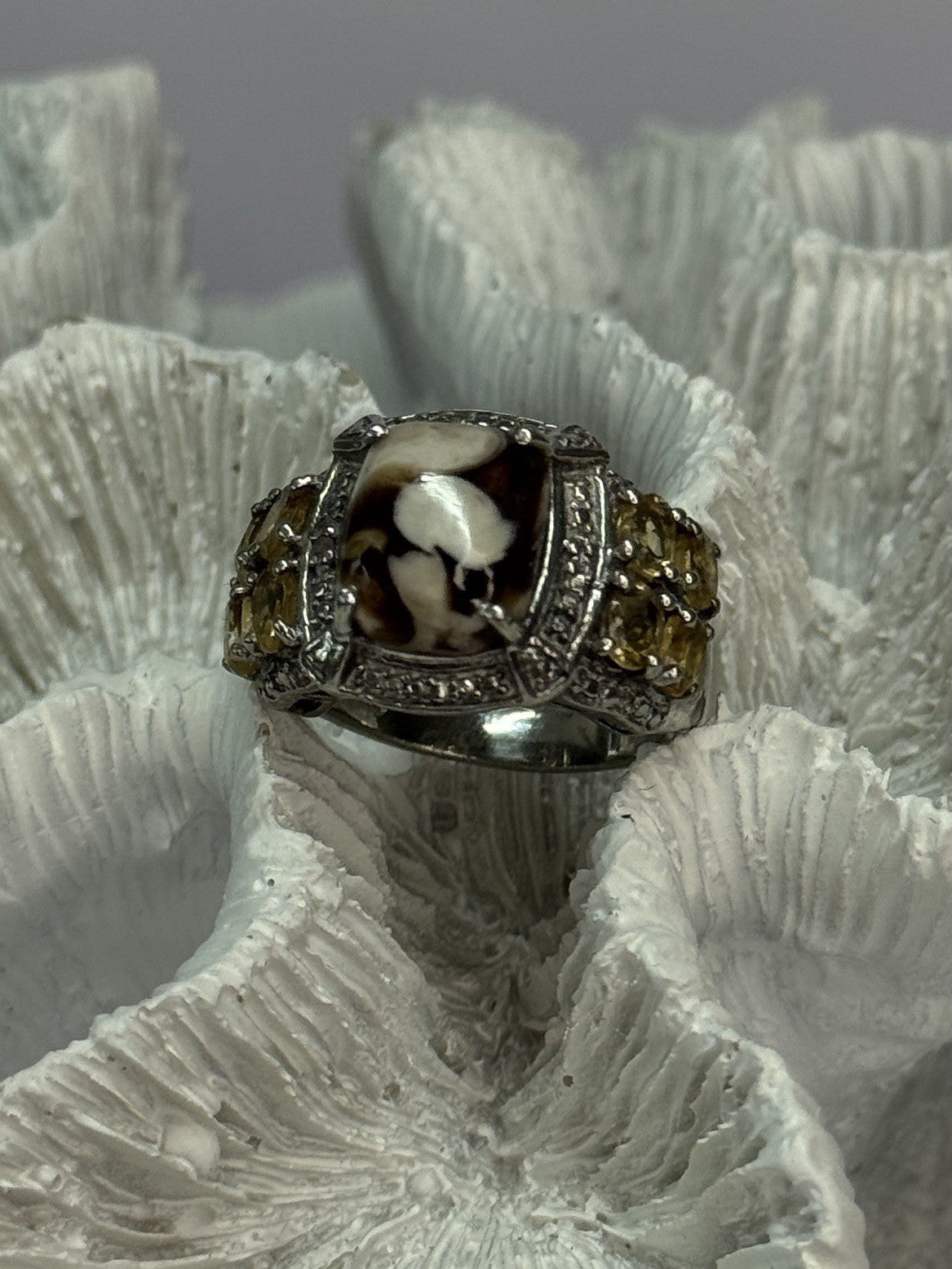 925 Sterling Silver Agate Citrine & Beryl Ring Size 6