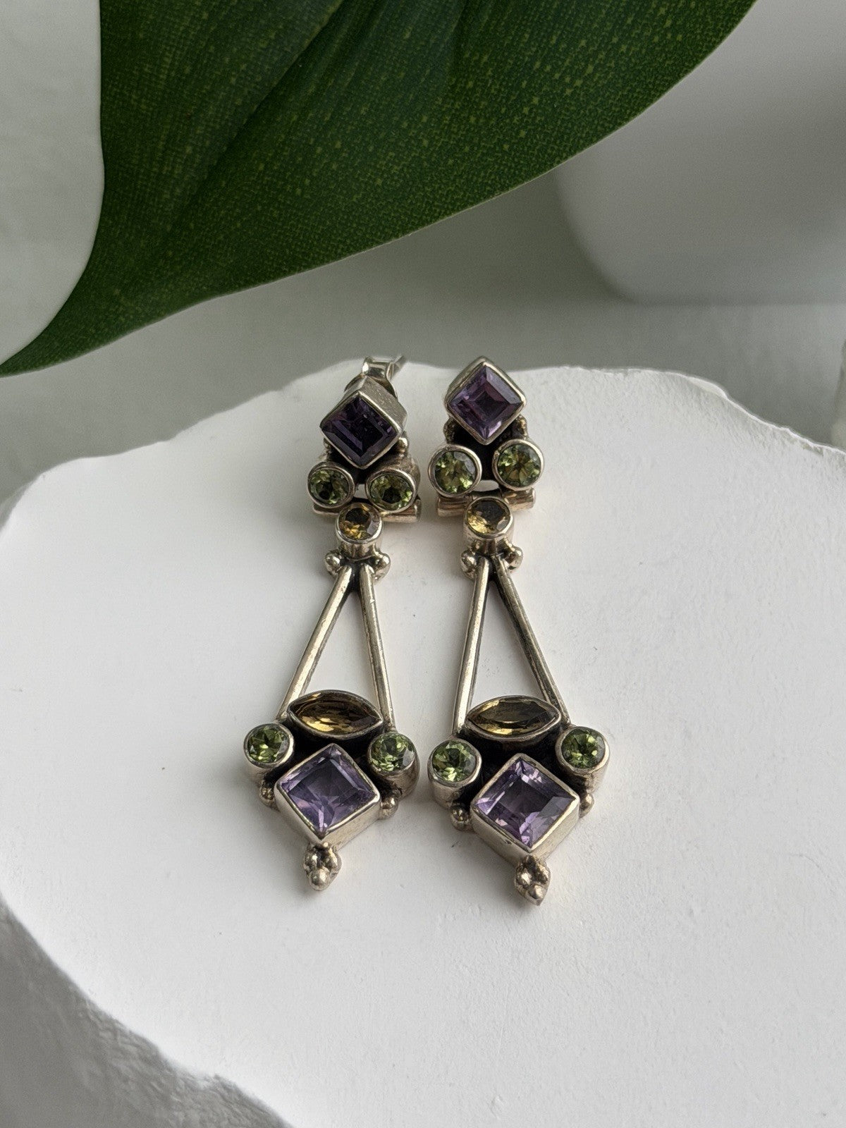 925 Sterling Silver Amethyst Peridot Citrine Earrings
