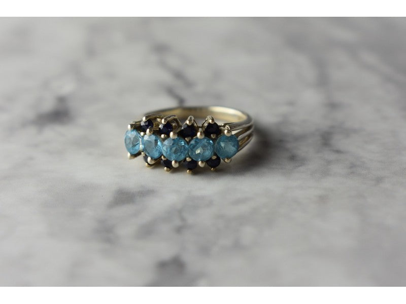 925 Sterling Silver Blue Spinel & Sapphires Ring Size 6.75