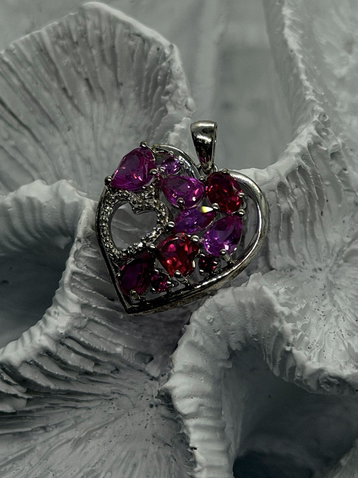 JWBR 925 Sterling Silver Pink Red White Topaz Stone Heart Pendant