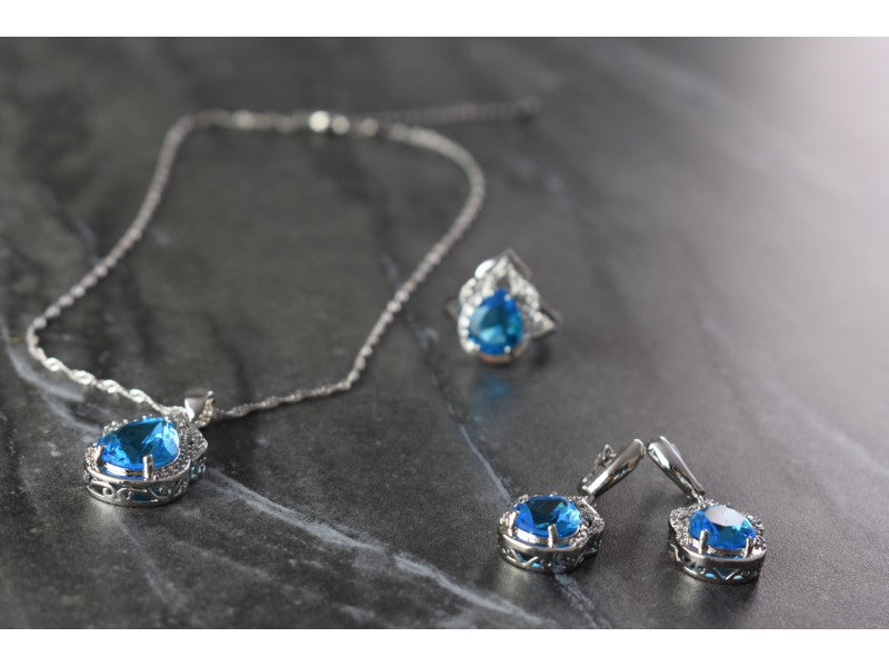 925 Sterling Silver Blue CZ ( Imitation Topaz ) SET