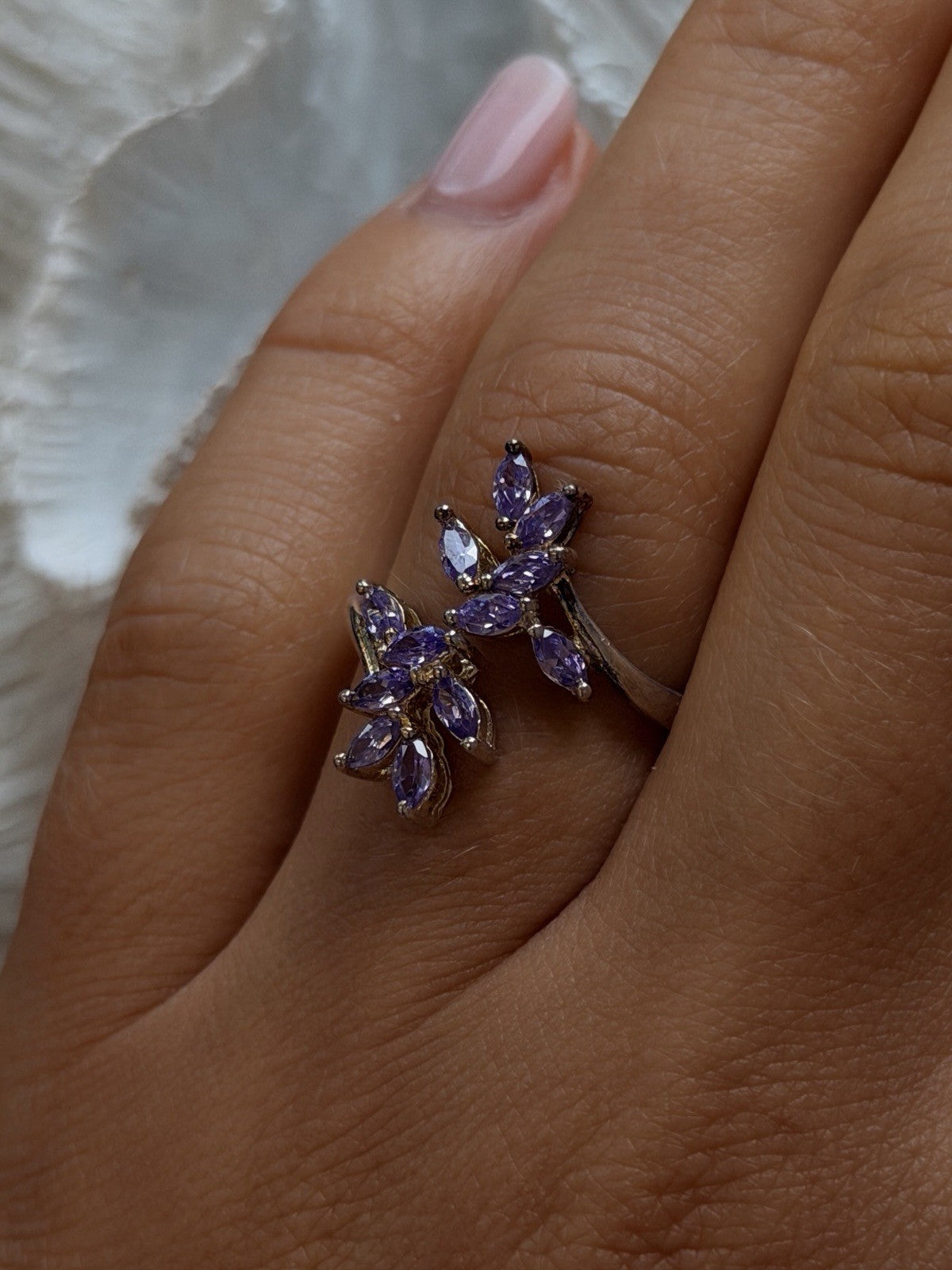 925 Sterling Silver Purple Amethyst Flower Ring Adjustable