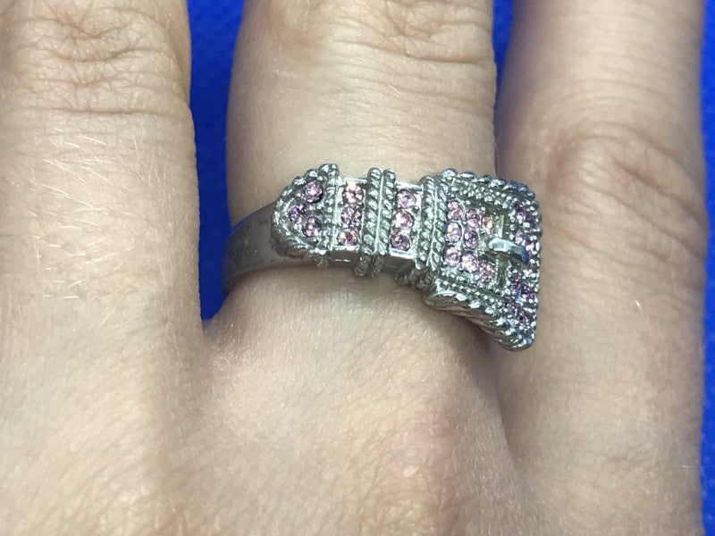 925 Sterling Silver Pink Quartz "Belt" Ring Size 8