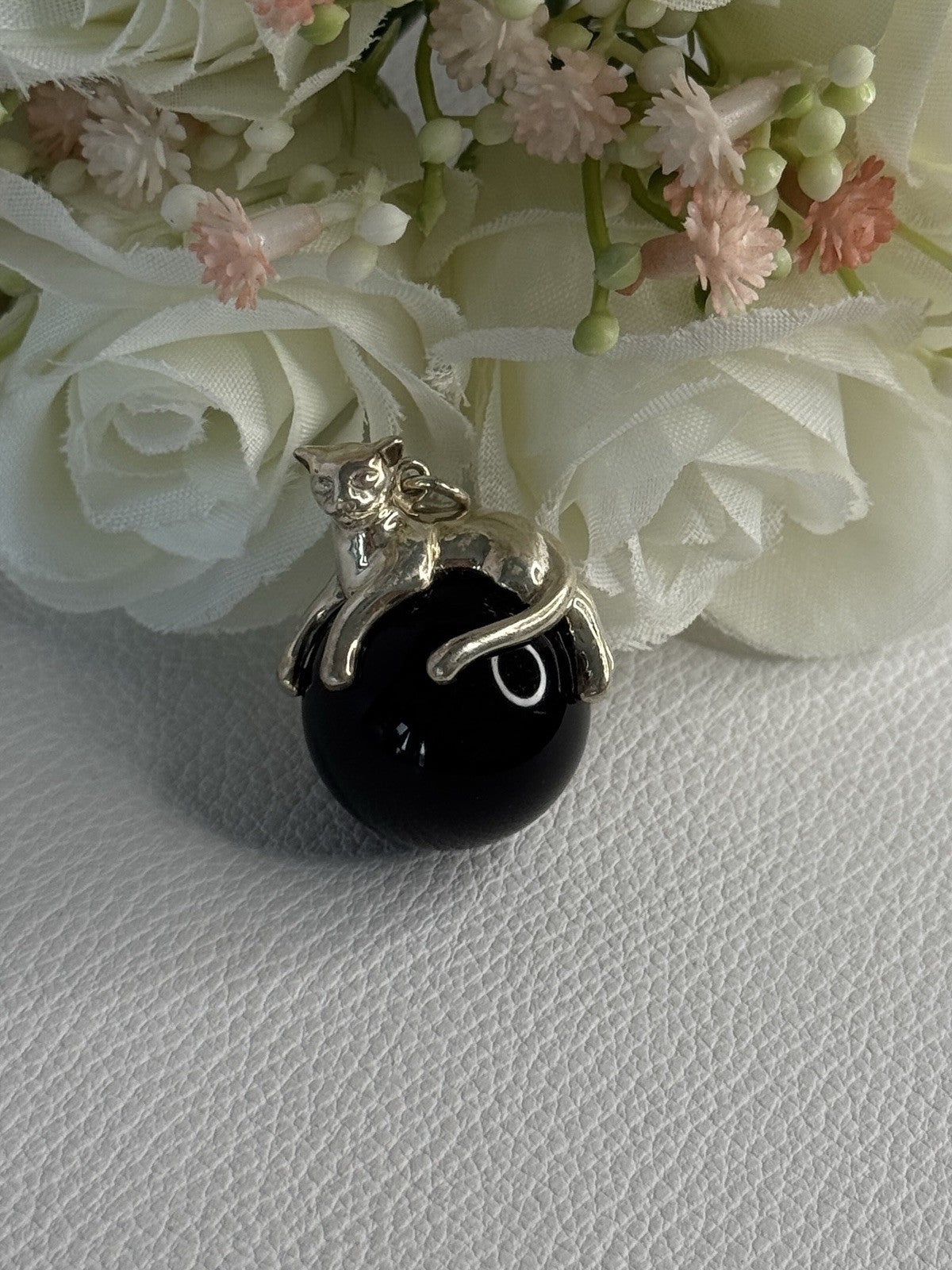 925 Sterling Silver Onyx Cat Pendant Length 1.20 Inch