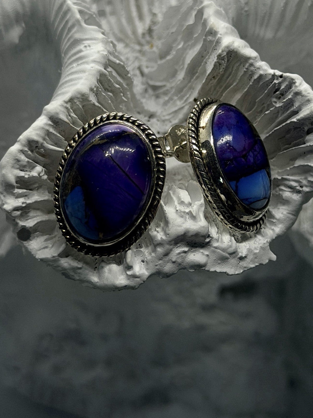 925 Sterling Silver Purple & Blue Turquoise Composite Stone Oval Stud Earrings
