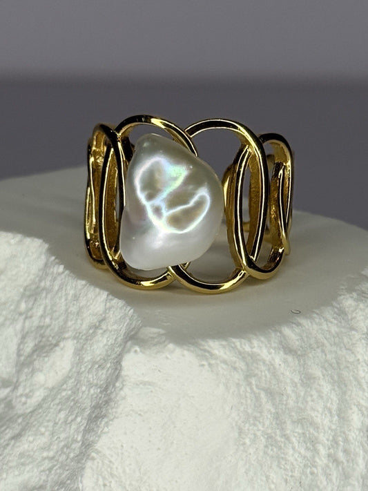 925 Sterling Silver Gold Plated Pearl  Ring Size Adjustable