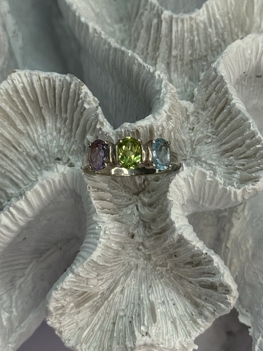 925 Sterling Silver Topaz Peridot Amethyst Ring Size 8.5